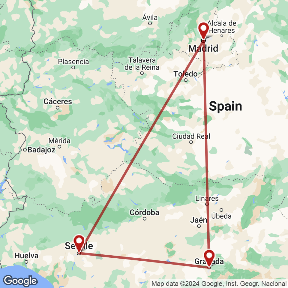 Route for Madrid, Granada, Seville, Madrid tour